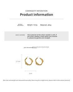 Detail view of irregular C-shaped gold hoops with dimensions and 925 silver needle spec