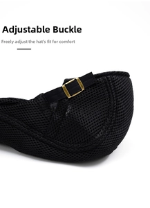 Detailed close-up of breathable black mesh fabric and adjustable bronze metal buckle strap