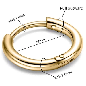 Detail of gold stainless steel hoop earrings showing 16mm diameter and pull opening method