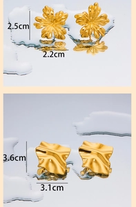 Detail of gold 18K plated matte flower stud and irregular wavy leaf earrings with dimensions