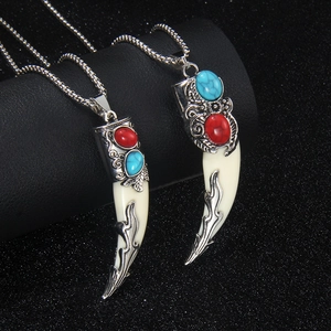 Wolf Tooth Pendant Necklace With Stainless Steel Chain Alloy Acrylic Faux Turquoise Tribal Ethnic Retro Style Unisex
