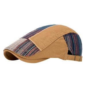Retro patchwork ivy cap with khaki fabric and striped panels shown from 45-degree angle