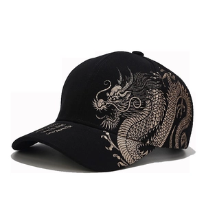 Black baseball cap featuring detailed gold dragon embroidery in traditional Chinese style