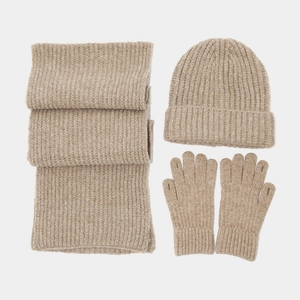 Winter 3-piece knit set with scarf, beanie and gloves in soft ribbed oatmeal wool blend