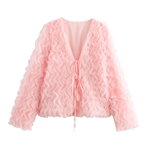 Femme Doux Rose Mesh Volants Blouse Col V Lacé Transparent Manches Longues Texture Ondulée Haut Élégant