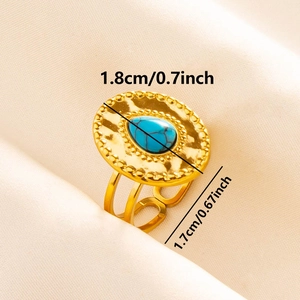 Detailed macro shot of gold stainless steel ring with turquoise stone and size dimensions