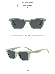 Front and side views of vintage square green sunglasses with classic black lenses