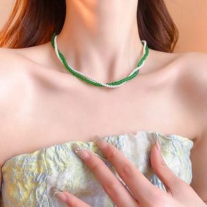 Elegant double-layer beaded necklace featuring green beads and white pearls for women