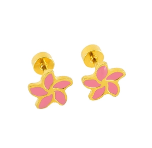 Details von rosa Emaille-Blumenohrringen mit Goldrahmen und sicherem Schraubverschluss