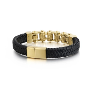 Men's braided black leather bracelet with gold-plated stainless steel magnetic clasp