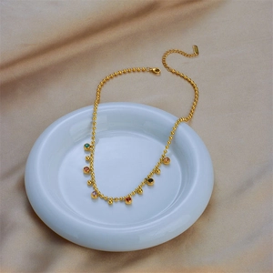 Chic gold titanium steel necklace featuring vibrant multicolored round crystal pendants