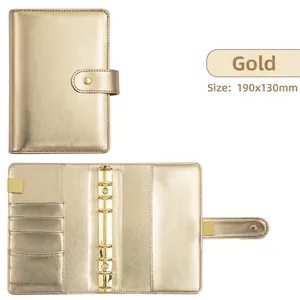 Gold A6 PU leather 6-ring binder notebook with card slots and snap closure, 190x130mm
