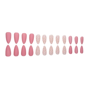 24pcs matte pink press-on nails with white floral patterns in almond shape design