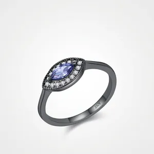 Vintage 925 Sterling Silver Ring Marquise Tanzanite Purple Zirconia Black Gold Plated Goth Jewelry For Women