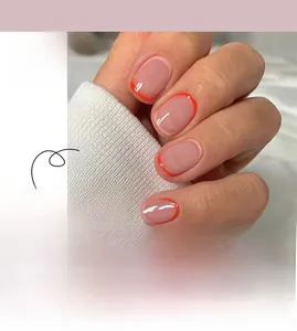 Short French tip press-on nails set in nude pink with vibrant red edges style JP1956