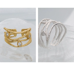 Detailed S925 silver ring featuring vine texture and sparkling zircon stones on gold finish