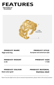Detail of gold-plated leaf ring showing 1.7cm adjustable inner diameter and 2.3g weight