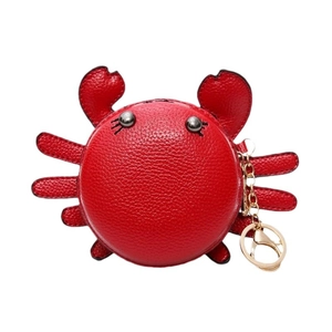 Cute red crab PU leather round coin purse with metallic gold keychain and lobster clasp