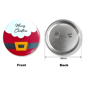 58mm Merry Christmas tinplate badge featuring Santa Claus suit design with metal pin back