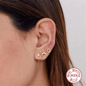 Set de boucles d'oreilles étoile et lune en argent S925 avec zircons plaqué or