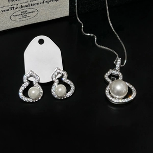 Gourd Artificial Pearl Necklace And Earrings With Zircon Inlay Silver Earring Post Elegant Light Luxury Jewelry For Women