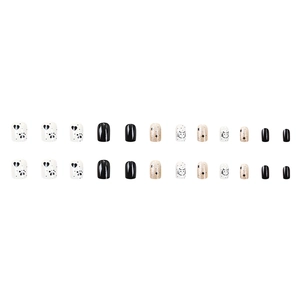 24-piece short square press-on nails with black and white star and cat patterns