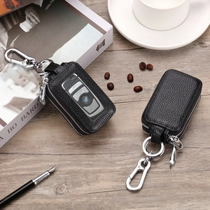 Black lychee leather car key case with double zipper and transparent window for buttons