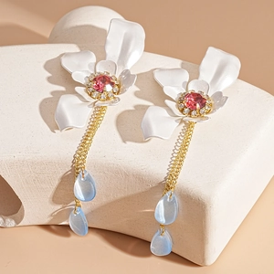 Sparkling floral drop earrings with pink crystal center and blue waterdrop pendants