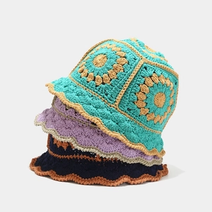 Gehaakte Vissershoed Handgemaakt Katoen Gebreid Bloemen Granny Square Zonbescherming Vintage Boho Dames Emmer Hoed