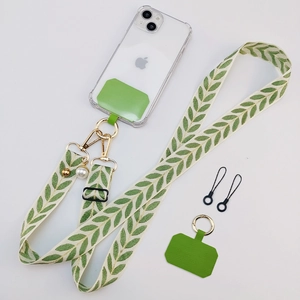 Crossbody Phone Lanyard Adjustable Neck Strap Embroidered Leaf Pattern Cotton Webbing Gold Buckle Artificial Pearl Charm Hanger