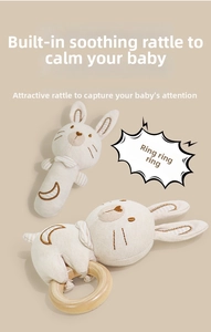 Organic cotton baby rattle set with wooden rings and cute embroidered rabbit faces