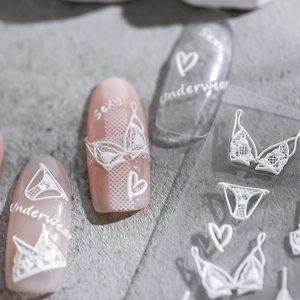 Autocollants nail art japonais en dentelle blanche avec motifs lingerie et cœurs