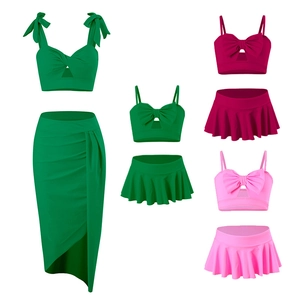 Family Matching Swimwear Bikini Top Bottom And High Split Ruched Wrap Skirt Nylon Solid Color Mother Daughter Beach