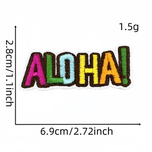 Detail of embroidered ALOHA patch with dimensions 6.9x2.8cm for tropical summer style