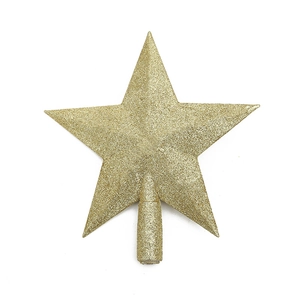 Detail view of a sparkling gold glitter star Christmas tree topper with base mount