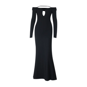 Detail of off-shoulder long sleeve black dress with neck tie and teardrop cutout design