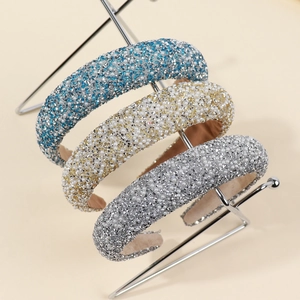 Handmade padded headband with blue gold silver glitter rhinestones and pearls