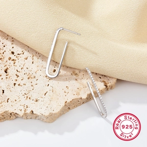 Minimalist S925 sterling silver paperclip earrings with cubic zirconia stones