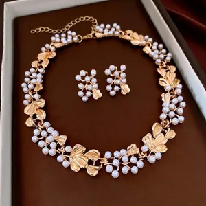 Luxury vintage pearl flower necklace and earring jewelry set in gold-tone ginkgo leaf design