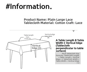 Size guide for minimalist scalloped cotton tablecloth with measurement logic and dimensions