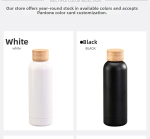 Detail of matte finish stainless steel bottles with natural bamboo wooden lids in black and white