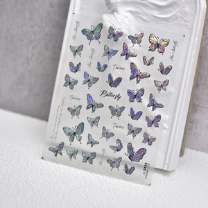 Holographic butterfly nail stickers with 3D relief texture on transparent background
