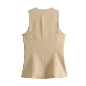 Robe gilet sans manches col en V kaki, coupe ajustée avec détails de couture au dos
