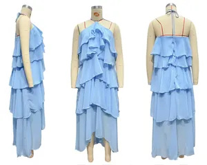 Three-way view of light blue tiered ruffle chiffon dress showing front side and back