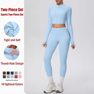 Tenue de Sport Femme Coupe Slim Taille Haute Top And Bottom Nylon Spandex Passe-Pouce Veste Manches Longues Pantalon Yoga