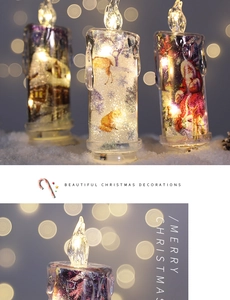 Detail of Christmas LED flameless candles with Santa and reindeer motifs in warm bokeh light