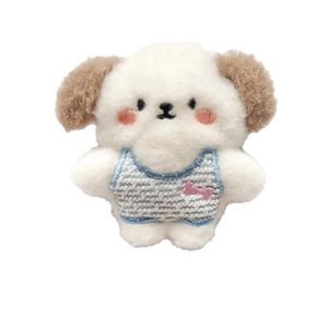 Cute white plush puppy doll with brown ears and blue striped vest for bag decor