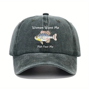 Distressed charcoal baseball cap with 'Women Want Me Fish Fear Me' fish graphic