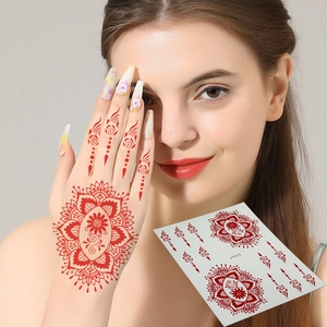 Red henna lace mandala temporary tattoo sticker for back of hand and fingers model J1013