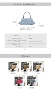 Size chart showing PU leather small square bag dimensions 25x12.5x7cm and color options